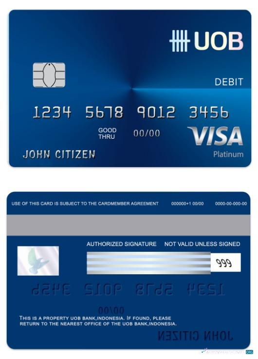 Download Indonesia UOB bank visa regular debit card Photoshop template